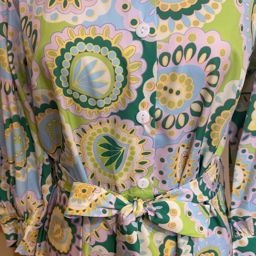 SundayUp Belted Paisley Shirt Dress Size M Retro Mod Pastel Green Blue Lilac - Picture 3 of 8
